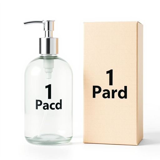 mockup design, Design a minimalist luxury handwash bottle mockup featuring a sleek clear glass bottle complemented by a shiny metallic silver pump. Position the bottle next to an elegantly designed natural kraft cardboard box. Both items showcase centered black text reading “1 Pod” in large, bold font. The setting is a pristine white background, emphasizing a modern and sophisticated packaging design that exudes premium quality and elegance. Add subtle shadows to enhance depth and realism.