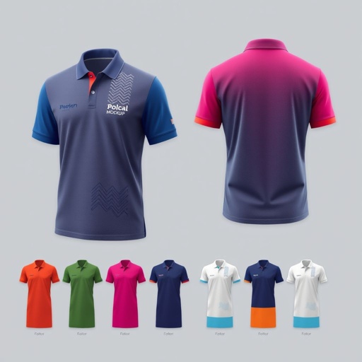 mockup design, Design a stylish polo t-shirt mockup that features a modern cut and vibrant colors. Incorporate unique patterns or graphics on the chest area, and display it in both a casual and formal setting. Showcase the fabric's texture, and include options for various sizes and color combinations on a clean background.