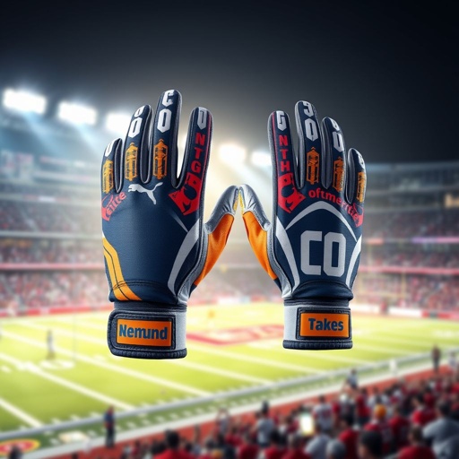 mockup design, Design a pair of high-performance football gloves showcasing a sleek, aerodynamic style. Incorporate vibrant team colors and unique patterns that enhance grip. Feature a breathable, flexible material for comfort and agility. Include personalized name and number options, with reflective elements for visibility during night games among an action-packed stadium backdrop.