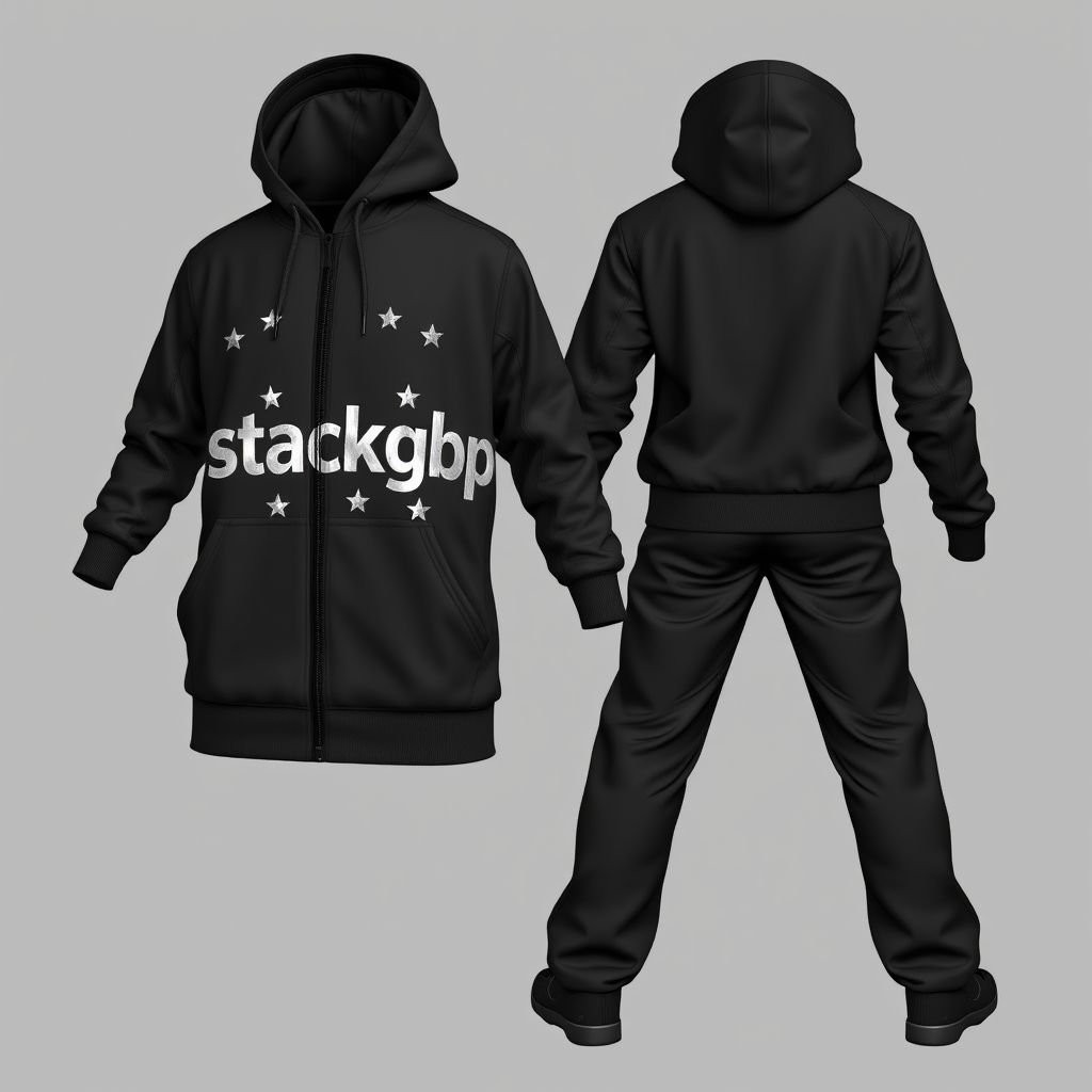 mockup design, Design a sleek, black flared tracksuit that exudes urban chic. The ensemble features a stylish silver logo across the chest and back, emblazoned with the word "stackgbp." Surround the text with shimmering silver stars for a cosmic touch. Incorporate luxurious fabric textures and a contemporary fit for ultimate comfort and style.