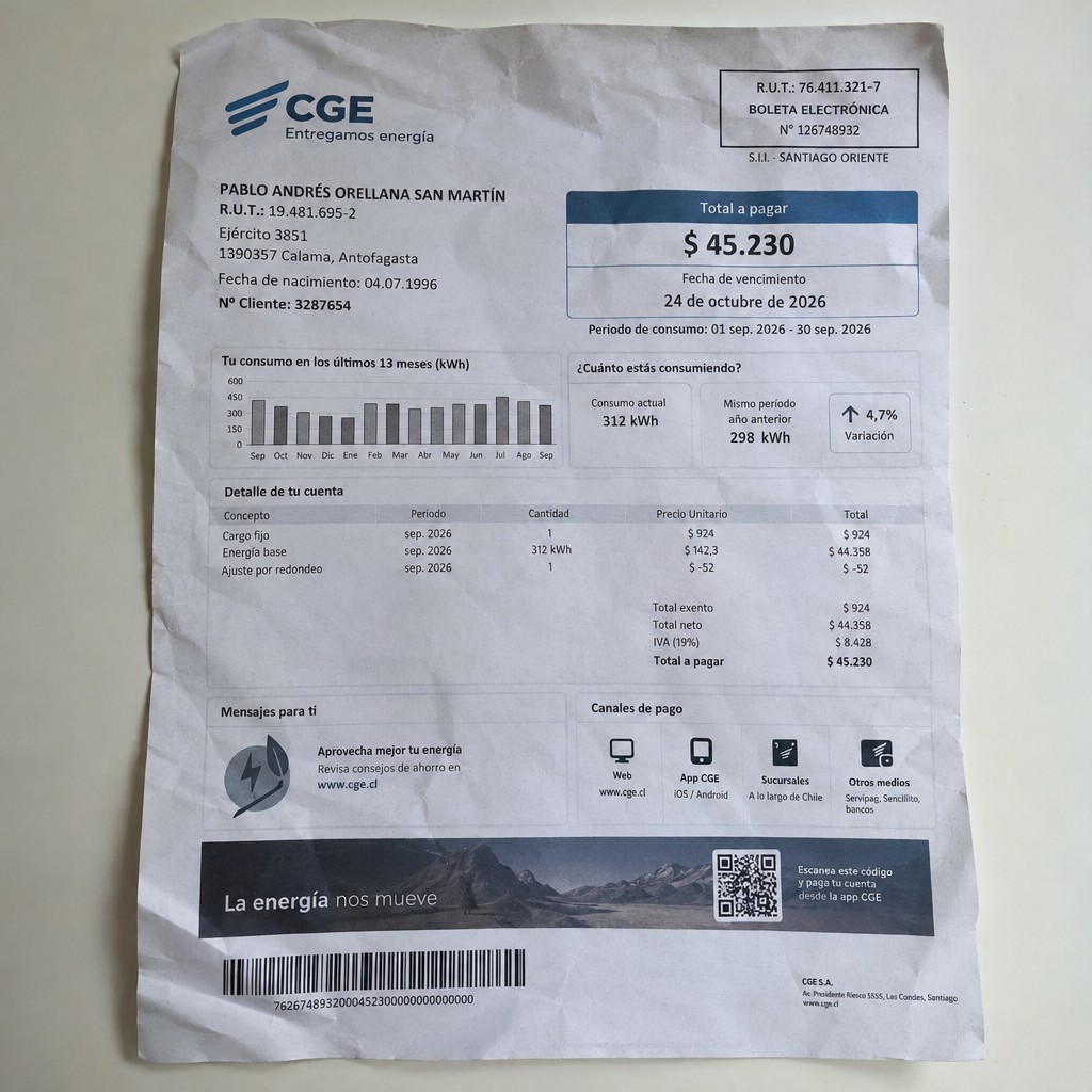 Create a statement, an electricity bill in CHILE. The A4 statement should be realistic, as if it were photographed on a phone. The document should be on a white background. The document must be for the last 3 months of October 2026. The document should contain several transactions and be wrinkled at the edges.
Name PABLO ANDRÉS ORELLANA SAN MARTÍN
Address Ejército 3851, 1390357 Calama, Antofagasta
R.U.T. 19481695-2
Date of birth 04.07.1996