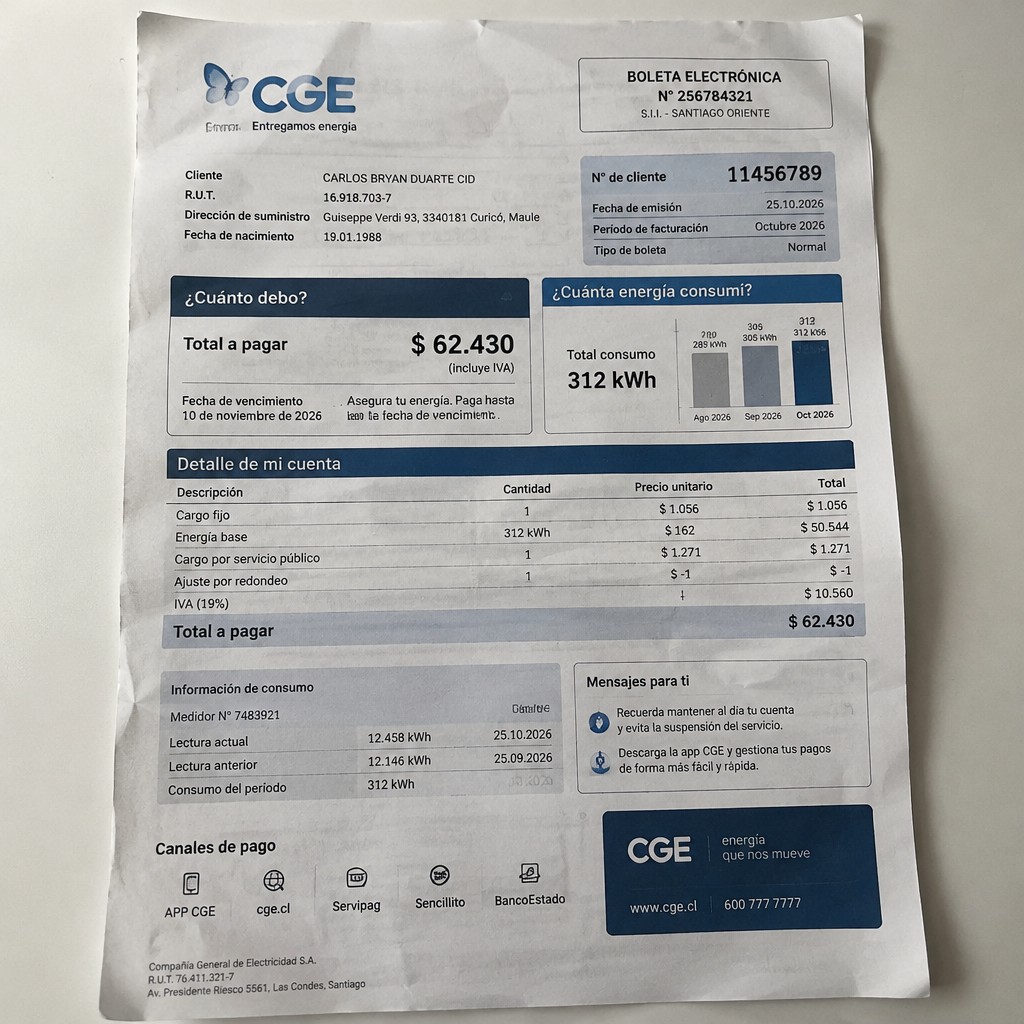 Create a statement, an electricity bill in CHILE. The A4 statement should be realistic, as if it were photographed on a phone. The document should be on a white background. The document must be for the last 3 months of October 2026. The document should contain several transactions and be wrinkled at the edges.
Name CARLOS BRYAN DUARTE CID
Adress Guiseppe Verdi 93, 3340181 Curicó, Maule
R.U.T. 16918703-7
Date of birth 19.01.1988
Date of discharge 25.10.2026 (OCTOBER 2026)