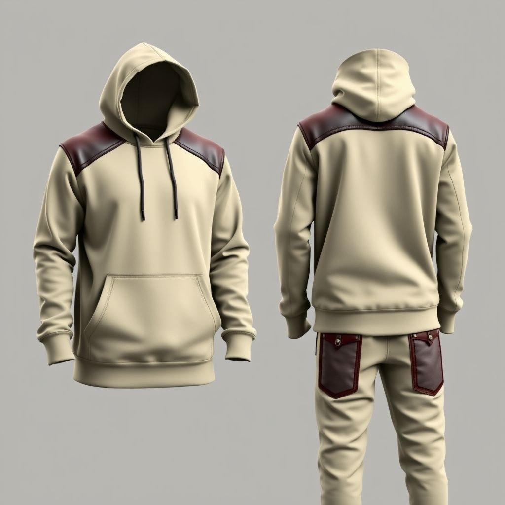 mockup design, Design a stylish hoodie featuring sleek leather accents on the front shoulders, complemented by matching pants that boast elegant leather-trimmed pockets. The hoodie showcases a spacious kangaroo pocket with leather borders, merging comfort with contemporary flair. Aim for a cohesive, urban aesthetic, perfect for casual outings or streetwear fashion.