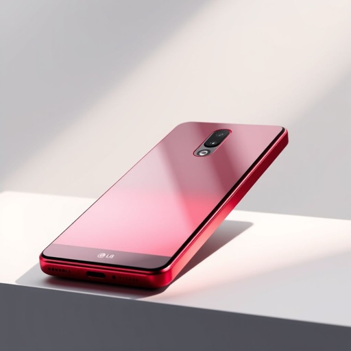 A striking red LG Lumia 950 smartphone, sleek aluminum body glistening under soft light. A vibrant 6.0-inch screen dominates the front, surrounded by minimalistic bezels. A powerful 32 MP camera nestled at the back. Emblem of luxury, it embodies cutting-edge technology with a 4500 mAh battery and 5G capability, exuding elegance.