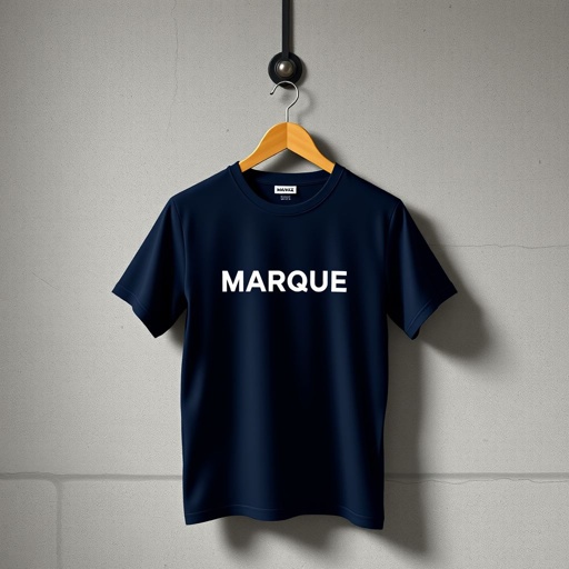 mockup design, Design a stylish mockup for a trendy marque t-shirt featuring a bold, minimalist logo centered on the chest. The shirt is in a rich navy blue, crafted from a soft, organic cotton blend. Showcase it on a wooden hanger against a textured concrete wall for a modern, urban vibe.