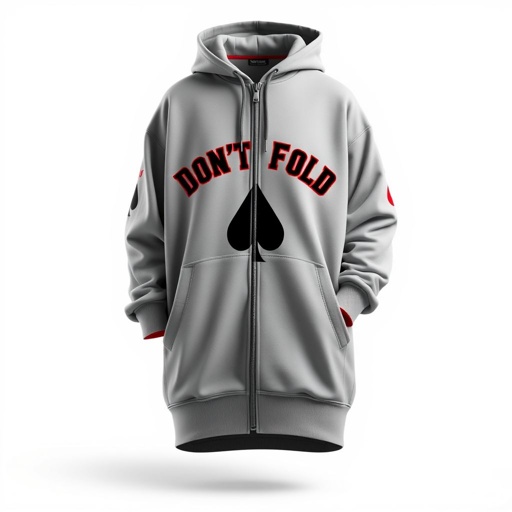 mockup design, Design a mockup of an oversized grey tracksuit featuring the phrase “Don’t Fold” prominently on the front, accompanied by a stylized ace symbol from playing cards. The ensemble should embody streetwear aesthetics, offering a relaxed fit suitable for all genders. Incorporate unique stitching details and vibrant accents for added flair.