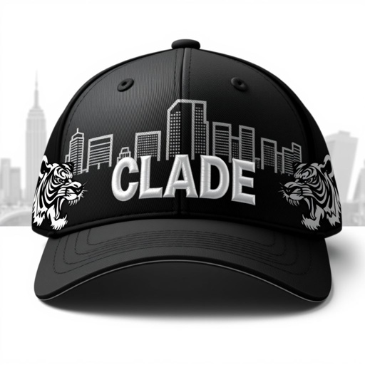 mockup design, Create a stylish black and white baseball cap featuring the brand name "CLADE" prominently embroidered on the front. The background showcases a detailed city skyline, adding urban flair. Incorporate fierce tiger patches on the sides, enhancing its bold design. This cap blends modern aesthetics with a touch of street culture.