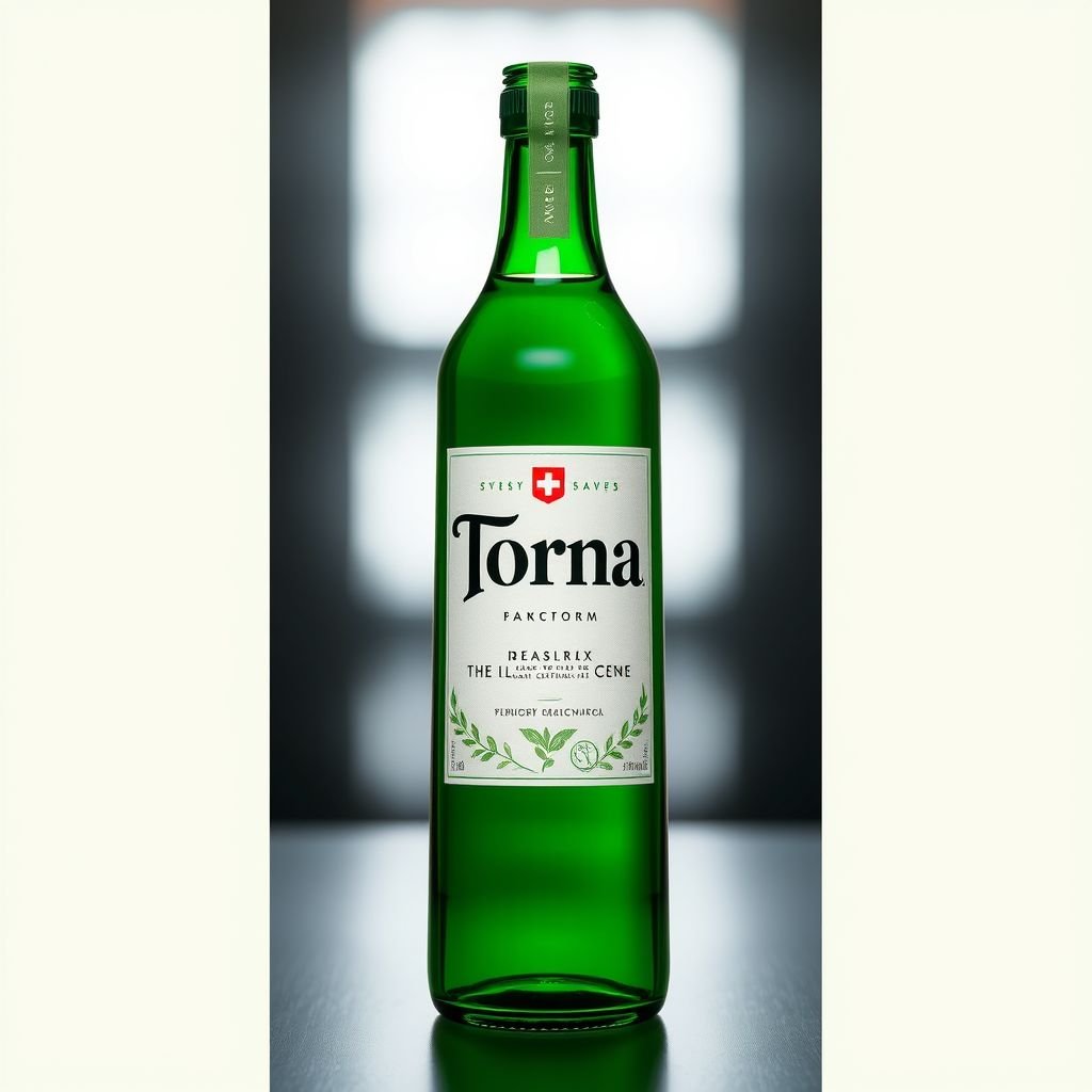 A sleek, elongated glass bottle, medium-sized, showcasing a striking green hue. The eco-friendly design speaks of sustainability, adorned with a modern label featuring the brand name “Torna” in elegant typography. Subtle Swiss motifs accentuate the traditional craftsmanship, appealing to eco-conscious millennials with a blend of charm and sophistication.