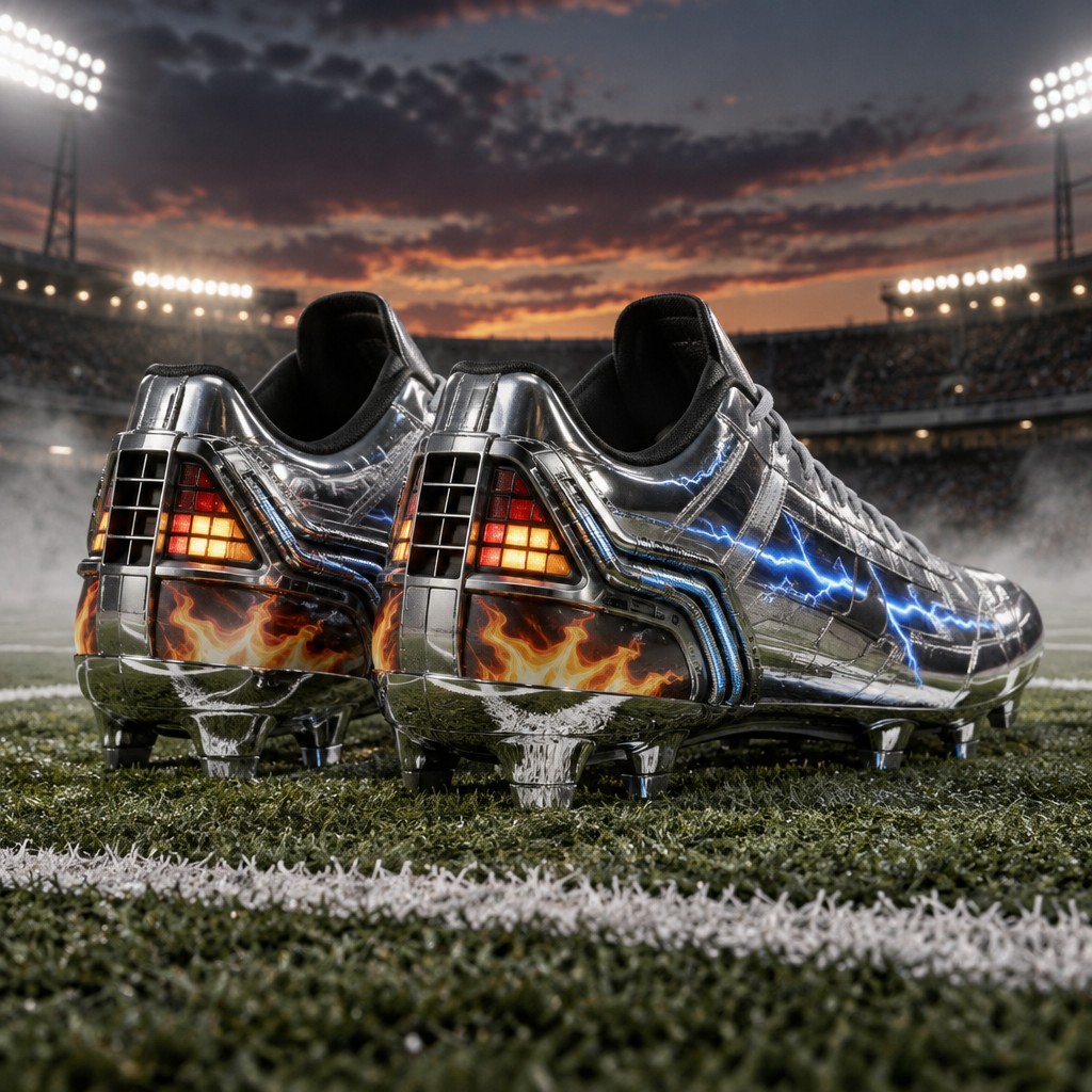 A pair of chrome football cleats with linces plates on the back, with flames on the back with blue lightnig strikes on the sids, a delorean from back to the future inspired, planted on a chalk-lined turf field under bright stadium lights at dusk, faint fog near the ground, no watermarks, no text overlays