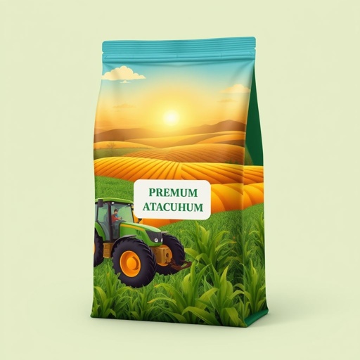 A premium agriculture-themed bag packaging mockup. Eco-friendly materials, vibrant colors. Realistic illustrations: a farmer alongside a tractor, expansive fields, a warm sunrise casting golden light. Lush green crops symbolize growth and prosperity. Earthy tones—deep greens, soft yellows, rich browns. Brand name space, product label area, high-resolution, modern 3D style.