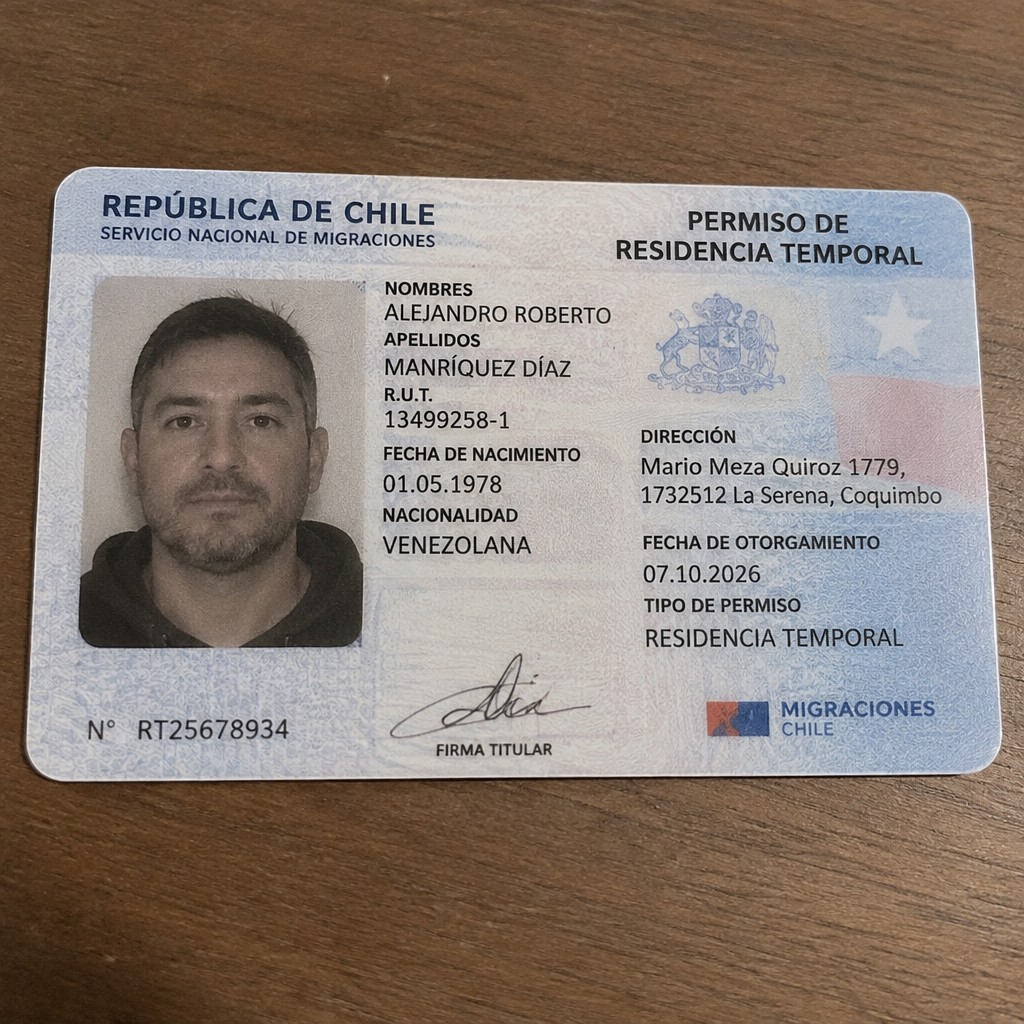 Create any Residence Permit application (valid). the statement should be realistic, as if it were photographed on a phone. The application should be against the same background.
Name ALEJANDRO ROBERTO MANRÍQUEZ DÍAZ
Address
Mario Meza Quiroz 1779, 1732512 La Serena, Coquimbo
R.U.T. 13499258-1
Date of birth 01.05.1978
Date of discharge 07.10.2026 (OCTOBER 2026)