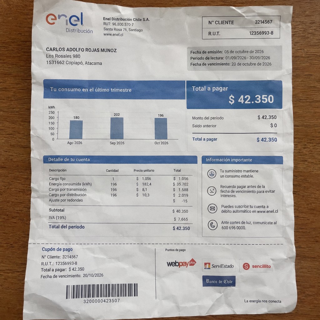 Create a statement, an electricity bill in CHILE. The A4 statement should be realistic, as if it were photographed on a phone. The document should be on a white background. The document must be for the last 3 months of October 2026. The document should contain several transactions and be wrinkled at the edges.
Name CARLOS ADOLFO ROJAS MUNOZ
Address Los Rosales 980, 1531662 Copiapó, Atacama
R.U.T. 12356993-8
Date of birth 13.11.1973