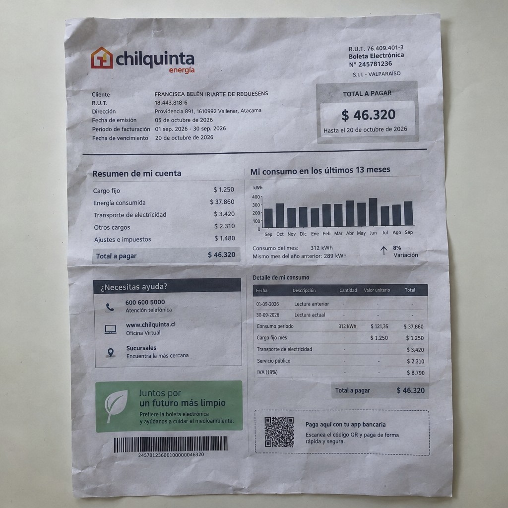 Create a statement, an electricity bill in CHILE. The A4 statement should be realistic, as if it were photographed on a phone. The document should be on a white background. The document must be for the last 3 months of October 2026. The document should contain several transactions and be wrinkled at the edges.
Name FRANCISCA BELÉN IRIARTE DE REQUESENS
Address Providencia 891, 1610992 Vallenar, Atacama
R.U.T. 18443818-6
Date of birth 17.08.1993