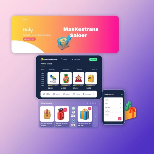 mockup design, Create a vibrant mockup design for a digital marketplace platform that showcases features for buying and selling. Include a sleek, user-friendly interface with product categories, search functionality, and promotional banners. Highlight diverse products with eye-catching imagery, alongside user reviews and a seamless checkout process, conveying a global trading experience.
