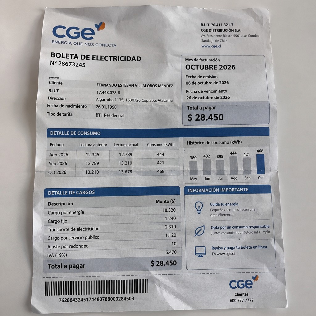 Create a statement, an electricity bill in CHILE. The A4 statement should be realistic, as if it were photographed on a phone. The document should be on a white background. The document must be for the last 3 months of October 2026. The document should contain several transactions and be wrinkled at the edges.
Name FERNANDO ESTEBAN VILLALOBOS MÉNDEZ
Address Algarrobo 1135, 1530726 Copiapó, Atacama
R.U.T. 17448078-8
Date of birth 26.01.1990
