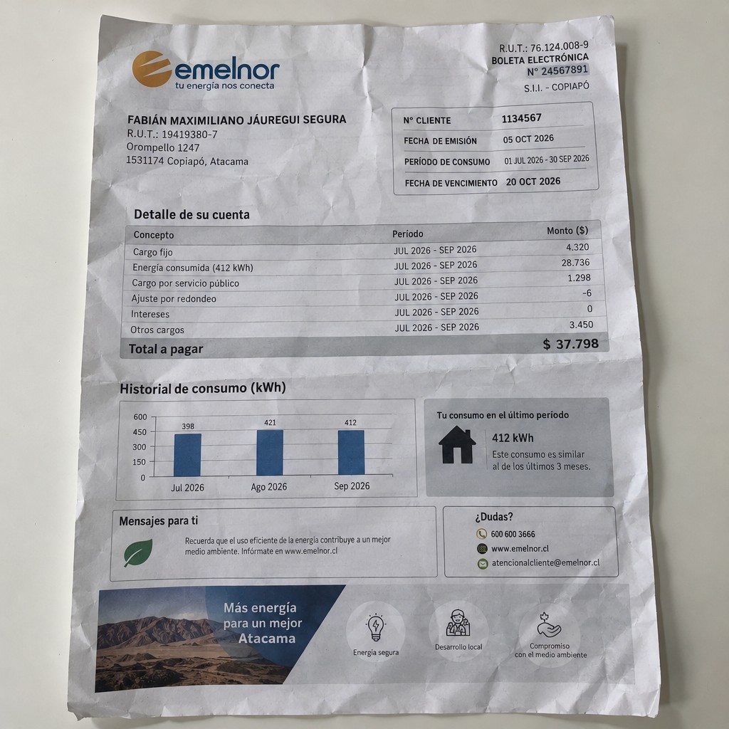Create a statement, an electricity bill in CHILE. The A4 statement should be realistic, as if it were photographed on a phone. The document should be on a white background. The document must be for the last 3 months of October 2026. The document should contain several transactions and be wrinkled at the edges.
Name FABIÁN MAXIMILIANO JÁUREGUI SEGURA
Address Orompello 1247, 1531174 Copiapó, Atacama
R.U.T. 19419380-7
Date of birth 27.02.1997