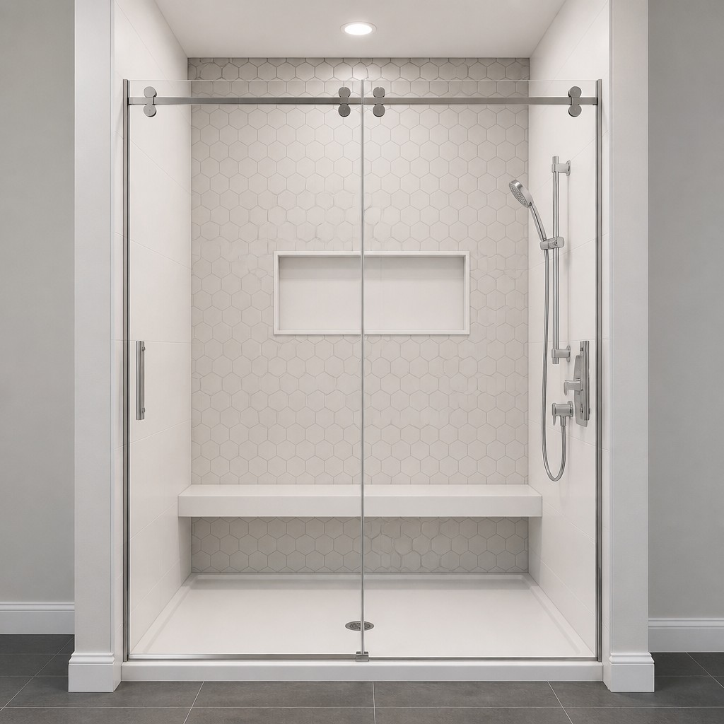 Photorealistic product mockup of a bathroom design, professional studio lighting, clean modern scene.
Shower pan: 36"W x 60"L, white base
Large wall (back wall, 60" length): Othello hexagon tile, grey grout, white niche (36"W x 14"H) centered
Two side walls: solid white panels/tile
Bench: on the wall opposite the plumbing/valve wall
Fixtures: handheld shower head, chrome finish
Door: chrome-accented barn-style double slider 60" x 74", 5/16" in clear glass w jambs
Height: 96" (8')