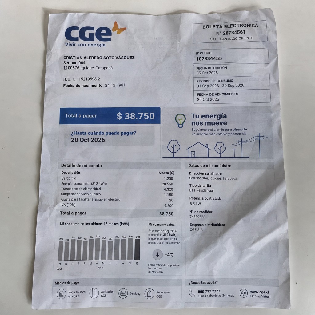 Create a statement, an electricity bill in CHILE. The A4 statement should be realistic, as if it were photographed on a phone. The document should be on a white background. The document must be for the last 3 months of October 2026. The document should contain several transactions and be wrinkled at the edges.
Name CRISTIAN ALFREDO SOTO VÁSQUEZ
Address Serrano 964, 1100576 Iquique, Tarapacá
R.U.T. 15219598-2
Date of birth 24.12.1981