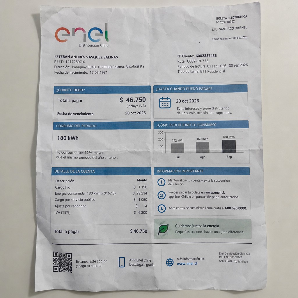 Create a statement, an electricity bill in CHILE. The A4 statement should be realistic, as if it were photographed on a phone. The document should be on a white background. The document must be for the last 3 months of October 2026. The document should contain several transactions and be wrinkled at the edges.
Name ESTEBAN ANDRÉS VÁSQUEZ SALINAS
Address Paraguay 3048, 1393060 Calama, Antofagasta
R.U.T. 14172897-0
Date of birth 17.03.1981