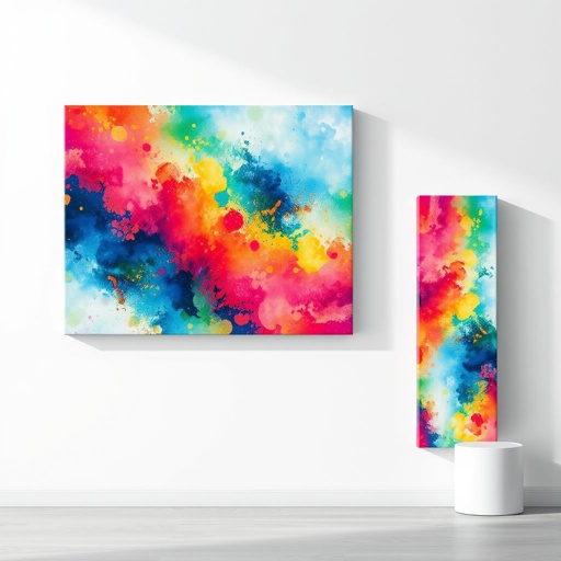 mockup design, Create a mockup design featuring a stretched canvas with a 2cm thickness displayed on a blank wall. Showcase one version in horizontal orientation, highlighting the vibrant artwork, and another in vertical format, emphasizing the height. Include subtle shadows for realism and a minimalist background to enhance focus on the canvases.