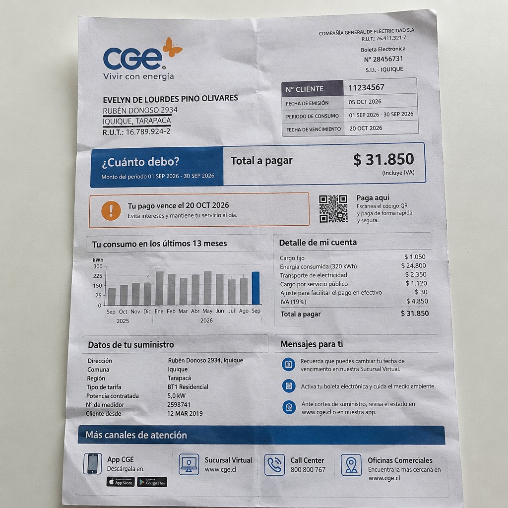 Create a statement, an electricity bill in CHILE. The A4 statement should be realistic, as if it were photographed on a phone. The document should be on a white background. The document must be for the last 3 months of October 2026. The document should contain several transactions and be wrinkled at the edges.
Name EVELYN DE LOURDES PINO OLIVARES
Address Rubén Donoso 2934, 1110949 Iquique, Tarapacá
R.U.T. 16789924-2
Date of birth 22.05.1988