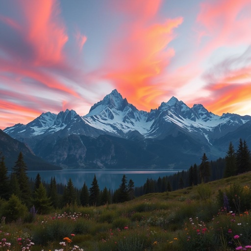 mockup design, Create a stunning mockup design featuring a majestic mountain range at sunrise. Include vibrant hues of orange and pink in the sky, with crystalline snow caps atop rugged peaks. Add a serene lake in the foreground reflecting the mountains, surrounded by lush greenery and wildflowers for a tranquil, natural ambiance.