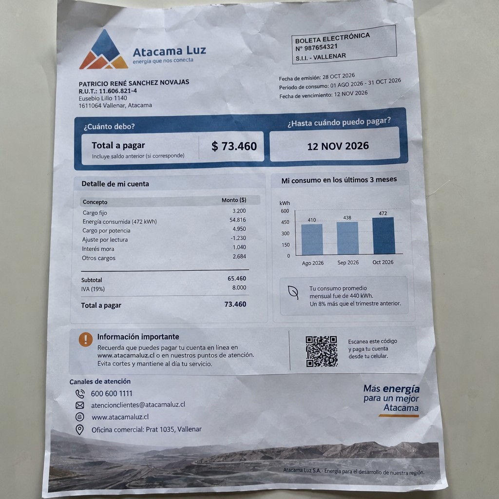 Create a statement, an electricity bill in CHILE. The A4 statement should be realistic, as if it were photographed on a phone. The document should be on a white background. The document must be for the last 3 months of October 2026. The document should contain several transactions and be wrinkled at the edges.
Name PATRICIO RENÉ SANCHEZ NOVAJAS
Address Eusebio Lillo 1140, 1611064 Vallenar, Atacama
R.U.T. 11606821-4
Date of birth 15.12.1968