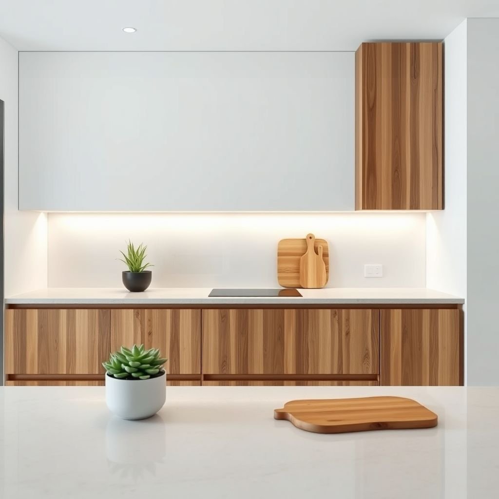 mockup design, Design a sleek, modern kitchen with an empty countertop featuring a minimalist aesthetic. Highlight natural materials like wood and stone, complemented by soft, ambient lighting. Include a few decorative elements, like a potted succulent and an elegant cutting board, to showcase potential arrangements and inspire creativity in cooking and entertaining.