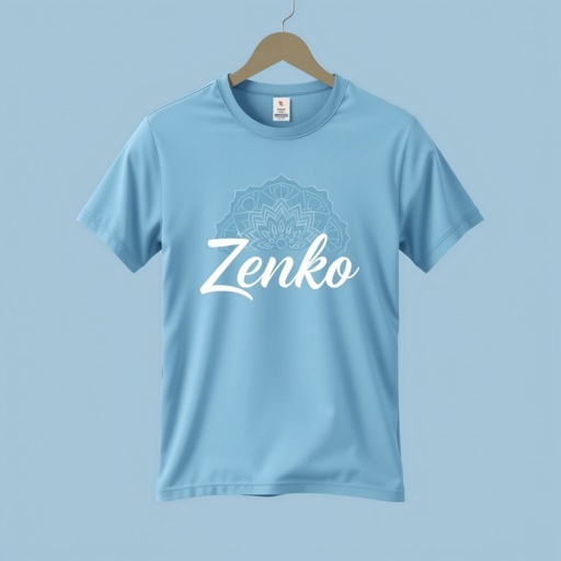 mockup design, Créez un mockup de t-shirt moderne et tendance, arborant le nom "Zenko" dans une typographie élégante et minimaliste. Utilisez des couleurs apaisantes comme le bleu clair et le blanc, avec des motifs de vagues fluides ou de mandalas subtils en arrière-plan. Le tissu doit sembler doux et respirant, parfait pour le confort quotidien.