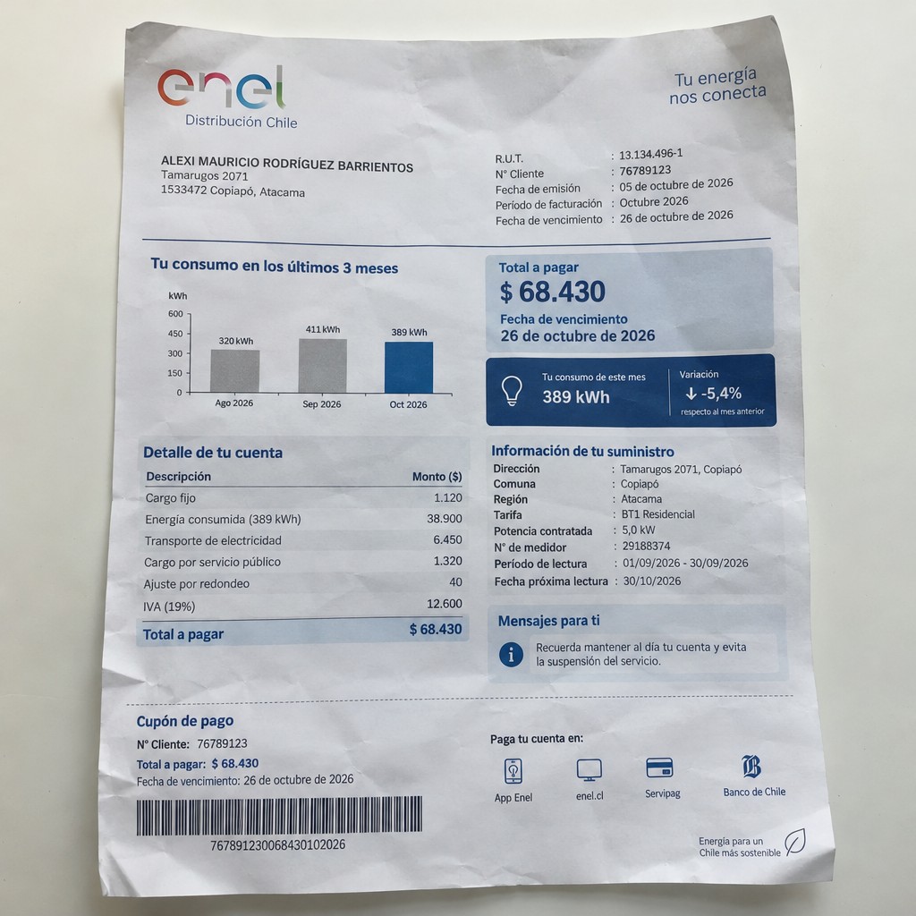 Create a statement, an electricity bill in CHILE. The A4 statement should be realistic, as if it were photographed on a phone. The document should be on a white background. The document must be for the last 3 months of October 2026. The document should contain several transactions and be wrinkled at the edges.
Name ALEXI MAURICIO RODRÍGUEZ BARRIENTOS
Address Tamarugos 2071, 1533472 Copiapó, Atacama
R.U.T. 13134496-1
Date of birth 17.03.1977