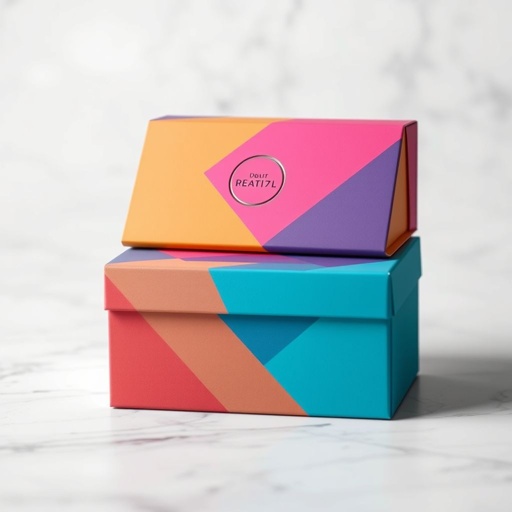 mockup design, Create a visually striking mockup design of a sleek, minimalist box, showcasing a modern packaging concept. The box should feature a vibrant color palette with geometric patterns, a matte finish, and a subtle logo embossed on the lid. Place it against a blurred background for a professional, elegant presentation.