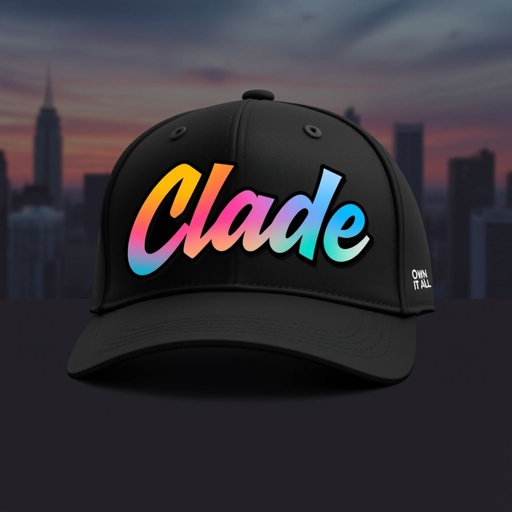 mockup design, Design a trendy black baseball hat featuring the brand name "Clade" in vibrant graffiti-style lettering across the front. The backdrop showcases an urban skyline with subtle colors to add depth. On the side, "Own It All" is elegantly embroidered, merging street style with a motivational message, perfect for city dwellers.
