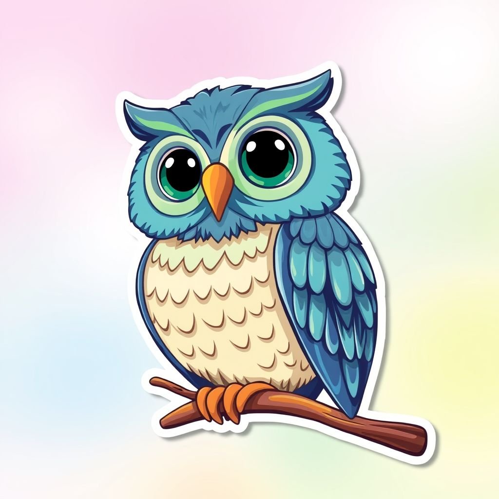 mockup design, Create a vibrant mockup design for an iron sticker featuring a whimsical cartoon owl perched on a colorful branch. The owl should have large, expressive eyes and intricate feathers, showcasing a mix of blues and greens. The background should be a soft pastel gradient, enhancing the sticker's playful charm and appeal.