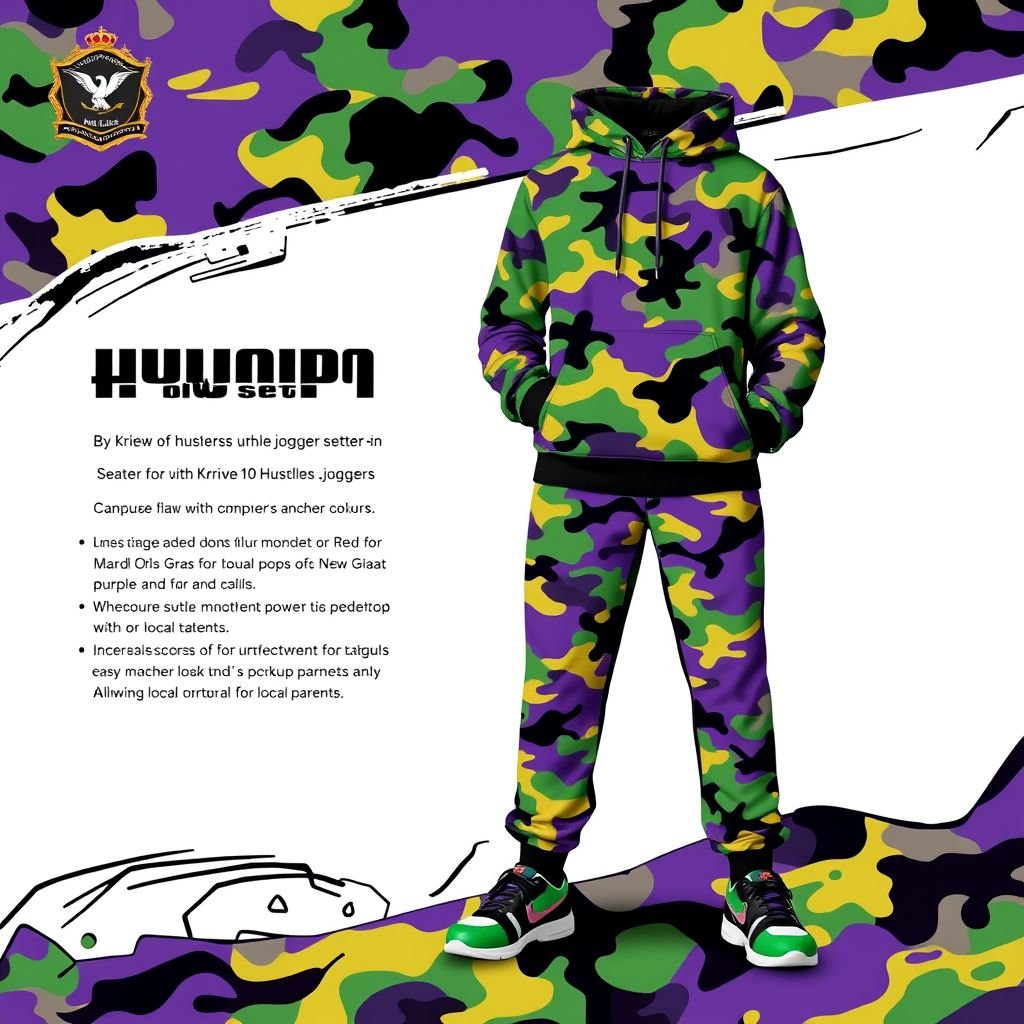 mockup design, Create a vibrant mockup design for a camouflage jogger set by Krewe Of Hustlers. The set should exude urban flair with a unique camo pattern inspired by New Orleans culture, featuring pops of Mardi Gras colors like purple, green, and gold. Showcase versatile styles for both Millennials and Gen Z, along with matching options for families, appealing to local parents. Incorporate branding elements that resonate with streetwear fashion enthusiasts, and emphasize comfort for festival vibes, while allowing for easy ordering and local pickup promotions.