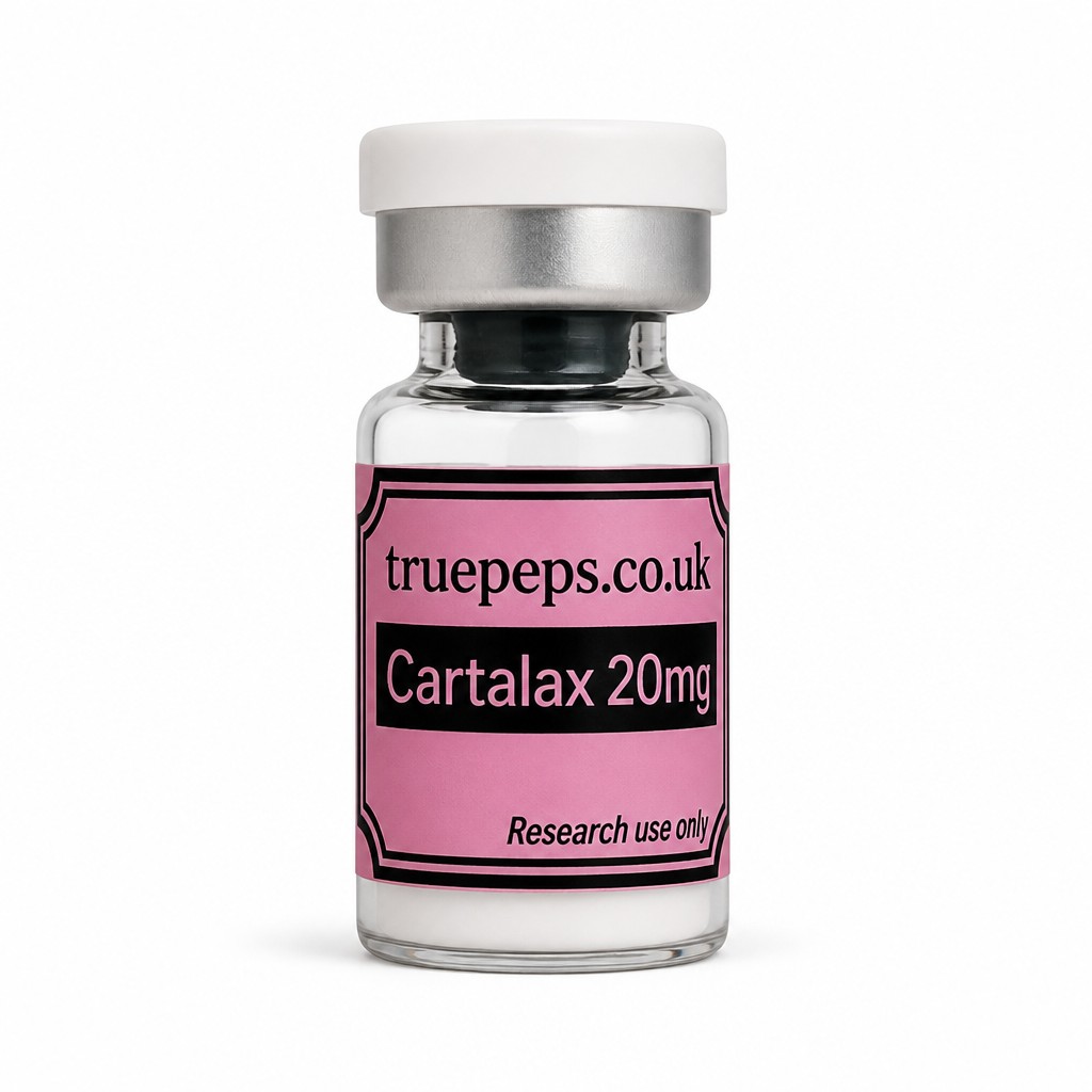Recreate the exact glass pharmaceutical vial shown in the reference image, with no design changes whatsoever — same white flip-off cap, same silver crimp collar, same clear glass vial, same pink label with black double-line border. Label text must match exactly: "truepeps.co.uk" at the top, a black bar containing "Cartalax 20mg" in pink text, and "Research use only" in small italic text at the bottom. Do not alter colors, wording, logo, or label layout in any way.
Reframe only: center the vial upright in the middle of the frame, straight-on eye-level angle, full label facing camera and fully legible with no text cut off. Place on a seamless pure white studio background. Soft, even diffused studio lighting with no harsh glare on the glass or cap. Subtle soft realistic shadow directly beneath the vial. Sharp focus throughout, especially the label text. Professional e-commerce product photography style, high detail, 4K.