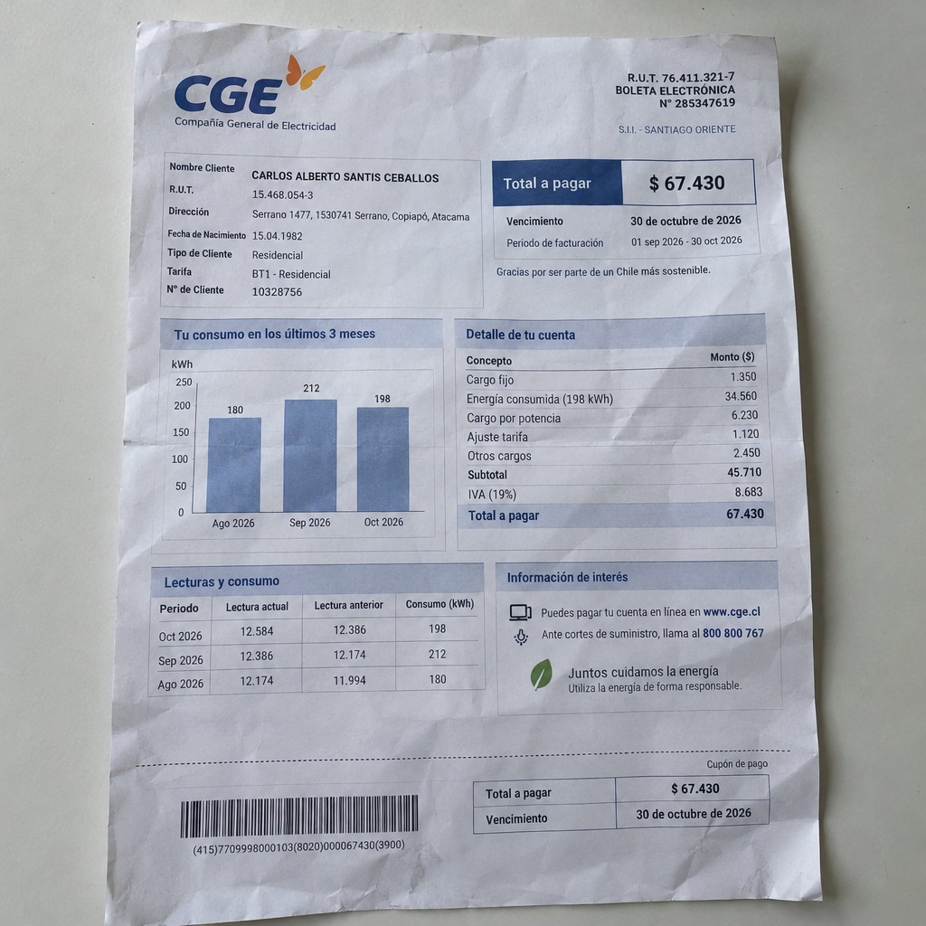 Create a statement, an electricity bill in CHILE. The A4 statement should be realistic, as if it were photographed on a phone. The document should be on a white background. The document must be for the last 3 months of October 2026. The document should contain several transactions and be wrinkled at the edges.
Name CARLOS ALBERTO SANTIS CEBALLOS
Address Serrano 1477, 1530741 Serrano, Copiapó, Atacama
R.U.T. 15468054-3
Date of birth 15.04.1982