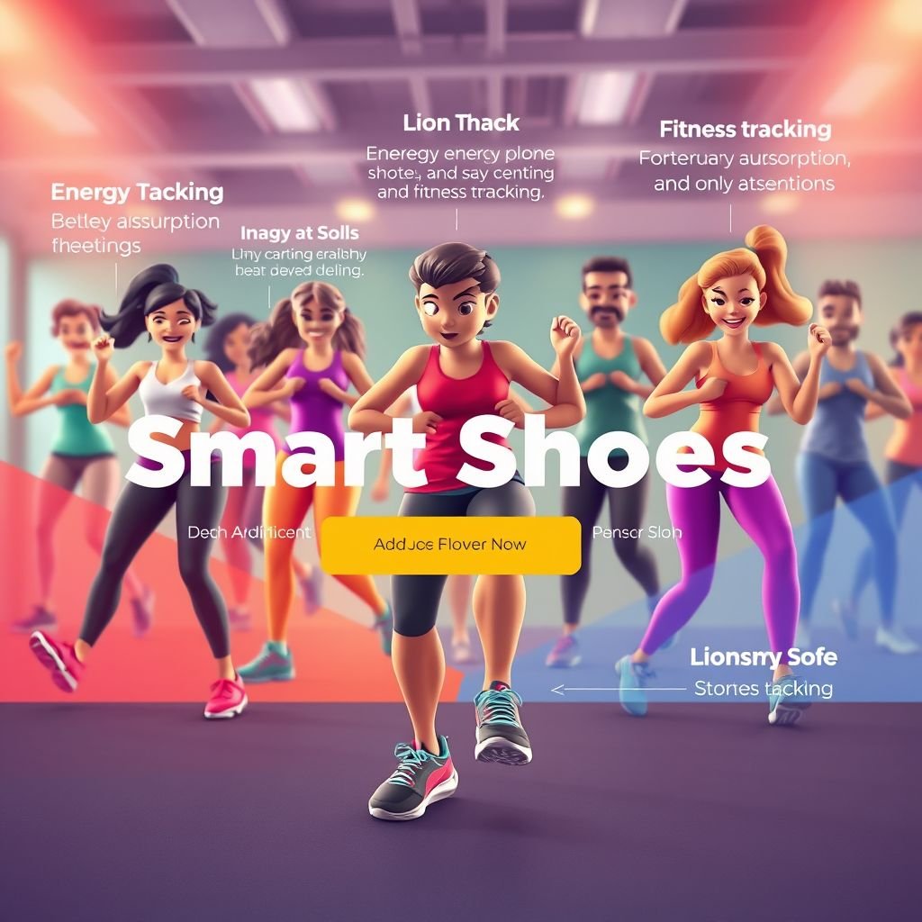 mockup design, Create a vibrant animated mockup featuring a diverse group of participants engaged in an energetic workout session. Each individual showcases the latest tech Smart Shoes, highlighting their unique features like energy absorption and fitness tracking. Incorporate dynamic visuals, upbeat music, and colorful graphics to emphasize motivation and community spirit in fitness.