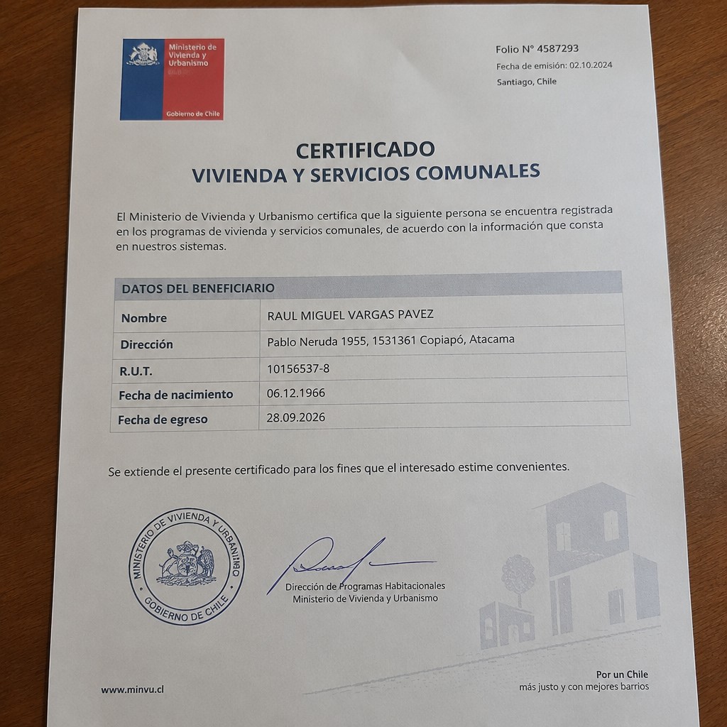 Create any statement containing the data. these can be statements such as : housing and communal services A4 format the statement should be realistic, as if it were photographed on a phone. The statement is on the same background.
Name RAUL MIGUEL VARGAS PAVEZ
Address
Pablo Neruda 1955, 1531361 Copiapó, Atacama
R.U.T. 10156537-8
Date of birth 06.12.1966
Date of discharge 28.09.2026 (SEPTEMBER 2026)