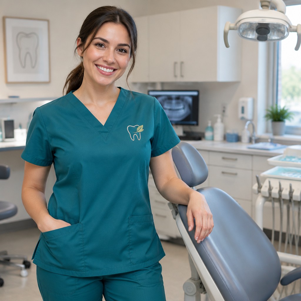 A dental hygienist standing beside a dental chair in a bright, clean clinic wearing a teal scrub top and pants featuring a tasteful sample brand design, soft overhead fluorescent lighting, shot straight-on at chest height, no watermarks, no text overlays