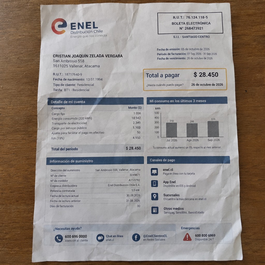 Create a statement, an electricity bill in CHILE. The A4 statement should be realistic, as if it were photographed on a phone. The document should be on a white background. The document must be for the last 3 months of October 2026. The document should contain several transactions and be wrinkled at the edges.
Name CRISTIAN JOAQUÍN ZELADA VERGARA
Address San Ambrosio 558, 1611025 Vallenar, Atacama
R.U.T. 18717640-9
Date of birth 13.07.1994