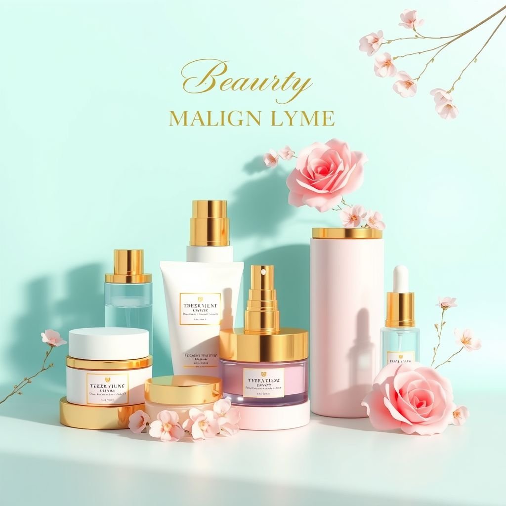 mockup design, Create a vibrant and elegant mockup design for a beauty product line. Feature luxurious packaging with soft pastel colors and gold accents. Include a variety of products like skincare, body lotion, and serums displayed against a minimalistic background. Highlight elegant typography and floral elements to enhance the overall aesthetic appeal.