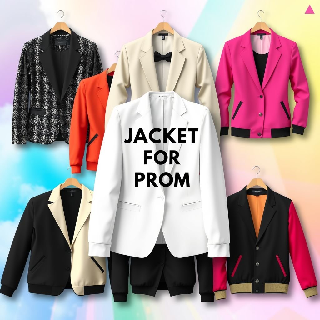 mockup design, Create a vibrant mockup design showcasing a collection of stylish jackets for prom. Incorporate a variety of fabrics, colors, and cuts, including sequined blazers, tailored tuxedo jackets, and colorful bomber jackets. Feature them on a visually appealing backdrop, highlighting their versatility and appeal for a memorable prom night look.