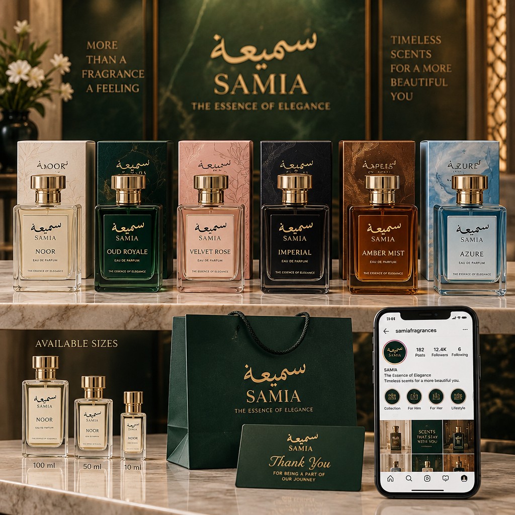MASTER PROMPT — SAMIA PREMIUM FRAGRANCE BRAND
Create a complete, professional, commercially realistic luxury fragrance brand identity and 6-product launch collection for:
BRAND NAME:
سميعہ
SAMIA
BRAND TAGLINE:
THE ESSENCE OF ELEGANCE
IMPORTANT BRAND RULE:
SAMIA is the ONLY brand/family name.
Do NOT add Ahmed, Aftab, Samia Ahmed, Samia Aftab, “Powered by”, or any founder/company name anywhere in the consumer-facing branding.
==================================================
1. BRAND POSITIONING
==================================================
Build SAMIA as a premium modern fragrance house with an elegant Arabic/Middle-Eastern identity.
Brand personality:
- Elegant
- Sophisticated
- Premium
- Timeless
- Modern
- Refined
- Memorable
- Accessible luxury
SAMIA should appeal primarily to Pakistani/South Asian customers while having an international luxury appearance.
The brand should NOT look cheap, overly flashy, overly feminine, or like a copy of an existing perfume brand.
Do not imitate any existing perfume house, bottle, logo, packaging, typography or campaign.
==================================================
2. MASTER LOGO
==================================================
Create a sophisticated Arabic calligraphy-inspired identity based on:
سميعہ
Pair it with:
SAMIA
The Arabic calligraphy should be the distinctive visual signature.
English wordmark:
SAMIA
Tagline:
THE ESSENCE OF ELEGANCE
Logo hierarchy:
سميعہ
SAMIA
THE ESSENCE OF ELEGANCE
Keep the logo elegant, readable and commercially usable on:
- Perfume bottles
- Perfume boxes
- Social media
- Website
- Stickers
- Shopping bags
- Business cards
==================================================
3. VISUAL IDENTITY
==================================================
Primary colors:
- Deep Emerald / Forest Green
- Ivory / Warm Cream
- Refined Metallic Gold
- Deep Charcoal
Style:
Modern Arabic luxury + contemporary international perfume house.
Typography:
- Elegant luxury serif or refined premium typeface for SAMIA
- Clean supporting typography
- Original Arabic calligraphy for سميعہ
Avoid:
- Excessive decoration
- Neon colors
- Cheap-looking gradients
- Excessive gold
- Cartoon styling
- Generic stock perfume appearance
==================================================
4. SIX-PRODUCT LAUNCH COLLECTION
==================================================
SAMIA will launch with EXACTLY 6 fragrances.
Each fragrance must have its own product name, personality, gender positioning, fragrance direction, bottle identity and packaging accent.
------------------------------------------
PRODUCT 01
NOOR
------------------------------------------
Brand:
SAMIA
Product:
NOOR
Gender:
UNISEX
Character:
Fresh • Clean • Soft • Elegant
Fragrance direction:
Citrus opening
White floral heart
Soft musk
Light woods
Target use:
Daily wear
Office
University
Casual occasions
Bottle direction:
Clear or softly frosted glass
Ivory label
Subtle gold detailing
Position:
SAMIA signature everyday fragrance.
Front hierarchy:
سميعہ
SAMIA
NOOR
Eau de Parfum
THE ESSENCE OF ELEGANCE
------------------------------------------
PRODUCT 02
OUD ROYALE
------------------------------------------
Brand:
SAMIA
Product:
OUD ROYALE
Gender:
UNISEX / MASCULINE-LEANING
Character:
Rich • Warm • Regal • Luxurious
Fragrance direction:
Saffron
Oud
Amber
Sandalwood
Musk
Target use:
Evening
Weddings
Formal occasions
Special events
Bottle direction:
Deep emerald glass
Premium gold detailing
Heavy luxury appearance
Position:
SAMIA flagship premium oud fragrance.
Front hierarchy:
سميعہ
SAMIA
OUD ROYALE
Eau de Parfum
THE ESSENCE OF ELEGANCE
------------------------------------------
PRODUCT 03
VELVET ROSE
------------------------------------------
Brand:
SAMIA
Product:
VELVET ROSE
Gender:
WOMEN
Character:
Romantic • Elegant • Sophisticated
Fragrance direction:
Rose
Peony
Vanilla
Soft musk
Light woods
Target use:
Daily elegance
Evening
Date occasions
Special events
Bottle direction:
Elegant ivory/frosted glass
Soft refined rose-toned accent
Subtle gold detailing
Position:
SAMIA feminine floral hero fragrance.
Front hierarchy:
سميعہ
SAMIA
VELVET ROSE
Eau de Parfum
THE ESSENCE OF ELEGANCE
------------------------------------------
PRODUCT 04
IMPERIAL
------------------------------------------
Brand:
SAMIA
Product:
IMPERIAL
Gender:
MEN
Character:
Bold • Sophisticated • Powerful
Fragrance direction:
Bergamot
Spices
Cedarwood
Amber
Musk
Target use:
Office
Formal occasions
Evening
Business/social events
Bottle direction:
Deep charcoal/black glass
Gold detailing
Strong masculine silhouette
Position:
SAMIA masculine signature fragrance.
Front hierarchy:
سميعہ
SAMIA
IMPERIAL
Eau de Parfum
THE ESSENCE OF ELEGANCE
------------------------------------------
PRODUCT 05
AMBER MIST
------------------------------------------
Brand:
SAMIA
Product:
AMBER MIST
Gender:
UNISEX
Character:
Warm • Smooth • Sweet • Comforting
Fragrance direction:
Amber
Vanilla
Tonka
Benzoin
Musk
Target use:
Evening
Night out
Winter
Relaxed luxury
Bottle direction:
Warm amber-tinted glass
Ivory/gold label
Soft luxury appearance
Position:
SAMIA warm amber/gourmand-inspired fragrance.
Front hierarchy:
سميعہ
SAMIA
AMBER MIST
Eau de Parfum
THE ESSENCE OF ELEGANCE
------------------------------------------
PRODUCT 06
AZURE
------------------------------------------
Brand:
SAMIA
Product:
AZURE
Gender:
UNISEX / MASCULINE-LEANING
Character:
Fresh • Aquatic • Energetic • Modern
Fragrance direction:
Bergamot
Marine accord
Lavender
Musk
Light woods
Target use:
Summer
Daytime
Outdoor use
Casual wear
Bottle direction:
Frosted translucent blue/clear glass
Clean premium detailing
Elegant modern appearance
Position:
SAMIA fresh aquatic signature fragrance.
Front hierarchy:
سميعہ
SAMIA
AZURE
Eau de Parfum
THE ESSENCE OF ELEGANCE
==================================================
5. COLLECTION STRUCTURE
==================================================
Create a coherent six-fragrance family:
01 — NOOR
UNISEX
Fresh / Clean
02 — OUD ROYALE
UNISEX / MASCULINE-LEANING
Oud / Amber / Woody
03 — VELVET ROSE
WOMEN
Floral / Romantic
04 — IMPERIAL
MEN
Woody / Spicy / Amber
05 — AMBER MIST
UNISEX
Amber / Vanilla / Musk
06 — AZURE
UNISEX / MASCULINE-LEANING
Aquatic / Fresh / Woody
Each fragrance must look different enough to identify individually while clearly belonging to SAMIA.
==================================================
6. BOTTLE SYSTEM
==================================================
Develop ONE recognizable SAMIA bottle architecture across the collection.
Keep consistent:
- Bottle proportions
- Cap design
- SAMIA logo placement
- Typography
- Label hierarchy
- Premium finishing
Differentiate products through:
- Glass tint
- Accent color
- Product name
- Small visual details
The collection must look premium when all six bottles are displayed together.
==================================================
7. PACKAGING SYSTEM
==================================================
Create matching premium boxes for all six products.
Every box must include:
سميعہ
SAMIA
PRODUCT NAME
Eau de Parfum
THE ESSENCE OF ELEGANCE
Do not overcrowd the packaging.
Use:
- Embossing
- Foil detailing
- Premium matte finishes
- Subtle texture
- Elegant typography
==================================================
8. PRODUCT SIZES
==================================================
Design the collection around commercially practical sizes:
10 ml — Travel / Trial
50 ml — Main retail size
100 ml — Premium/full-size option
Show how the same identity adapts to each size.
==================================================
9. BRAND APPLICATIONS
==================================================
Show the SAMIA identity applied to:
1. Primary logo
2. Arabic calligraphy logo
3. Six perfume bottles
4. Six matching boxes
5. Full six-product collection
6. Social media profile
7. Instagram post
8. WhatsApp Business catalogue
9. Shopping bag
10. Product sticker
11. Thank-you card
12. Premium advertising campaign
==================================================
10. COMMERCIAL REALISM
==================================================
The final concept must look manufacturable and suitable for a real fragrance startup.
Do NOT invent:
- Awards
- Certifications
- Celebrity endorsements
- Customer numbers
- Sales figures
- Fake company history
- Fake reviews
The fragrance notes are conceptual directions for product development and must not be presented as laboratory-confirmed formulas.
==================================================
11. FINAL PRESENTATION
==================================================
Create a polished professional brand presentation showing:
A. SAMIA master logo
B. Arabic calligraphy
C. Color palette
D. Typography
E. Bottle architecture
F. Packaging system
G. All 6 products
H. Product names
I. Gender positioning
J. Fragrance character
K. Fragrance direction/notes
L. Individual bottle concepts
M. Six-product collection display
N. Social media/WhatsApp applications
FINAL BRAND HIERARCHY:
سميعہ
SAMIA
THE ESSENCE OF ELEGANCE
PRODUCT COLLECTION:
NOOR
OUD ROYALE
VELVET ROSE
IMPERIAL
AMBER MIST
AZURE
The final result should look like a serious premium fragrance brand ready for launch, not an AI-generated generic perfume concept.