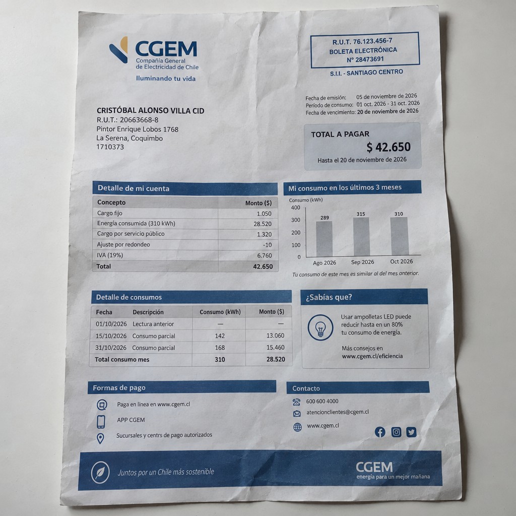Create a statement, an electricity bill in CHILE. The A4 statement should be realistic, as if it were photographed on a phone. The document should be on a white background. The document must be for the last 3 months of October 2026. The document should contain several transactions and be wrinkled at the edges.
Name CRISTÓBAL ALONSO VILLA CID
Address Pintor Enrique Lobos 1768, 1710373 La Serena, Coquimbo
R.U.T. 20663668-8
Date of birth 03.01.2001