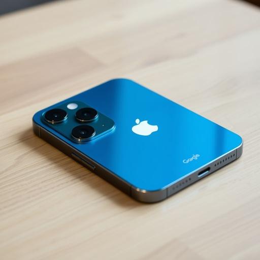 A sleek iPhone 13, gleaming blue aluminum exterior, resting on a modern wooden table. Bright screen, 6.1 inches, showcasing vibrant applications. A sophisticated camera lens featuring 40 MP, nestled at the back. 5G icon illuminated, symbolizing advanced connectivity. Subtle branding of Google, contrasting with a minimalist design, echoing mid-range elegance.