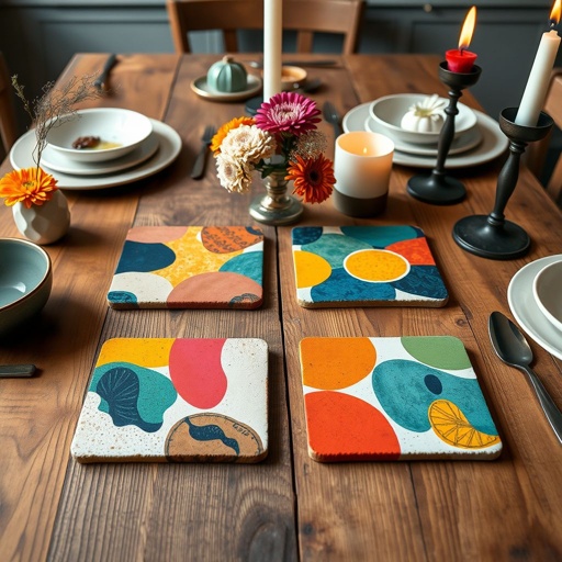mockup design, Design a vibrant set of 4 coasters, each uniquely decorated with abstract patterns and bold colors. Showcase them artfully arranged on a rustic wooden table, surrounded by eclectic dinnerware, fresh flowers, and candles. Emphasize depth and texture, capturing an inviting and creative atmosphere perfect for a stylish dinner party.