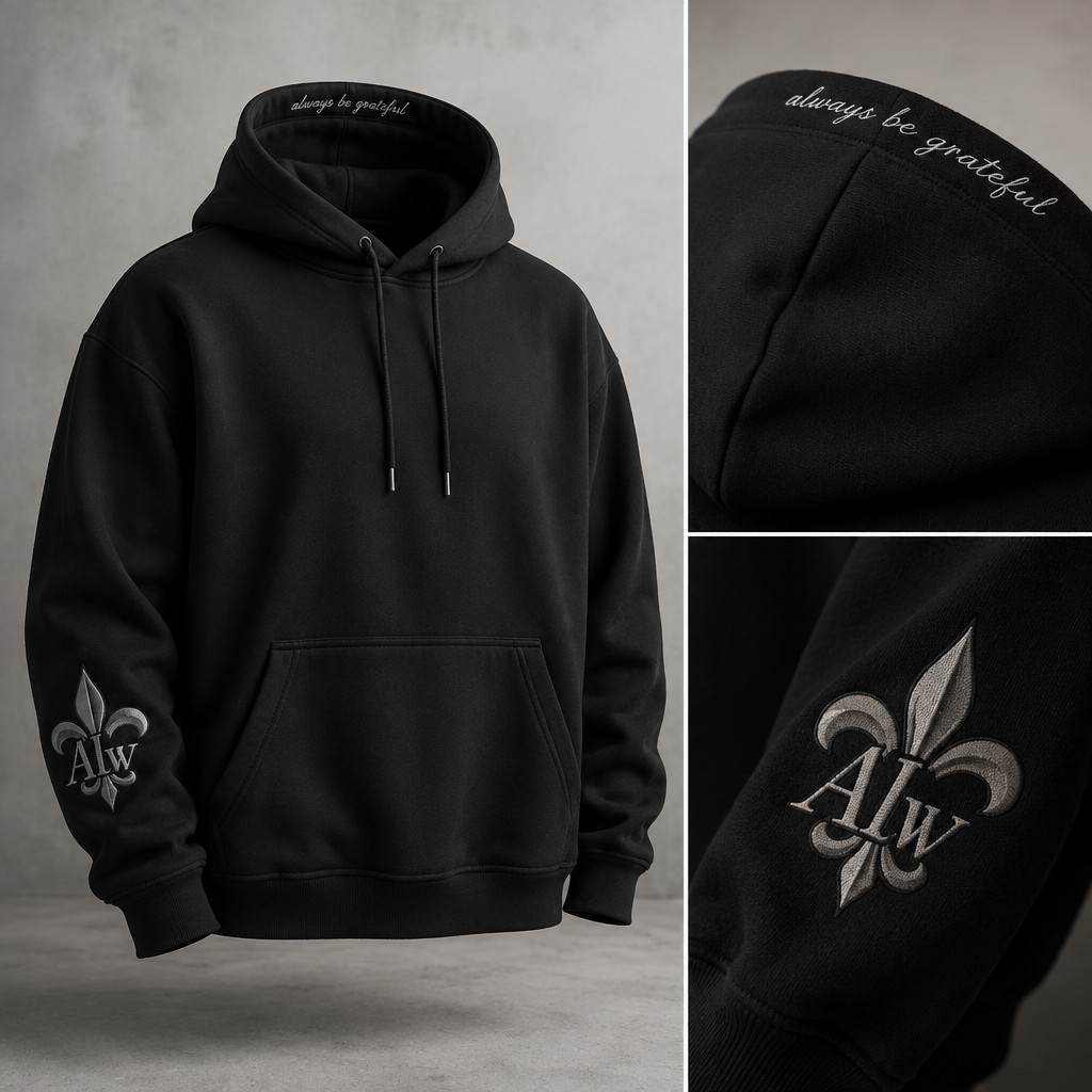 Create a realistic product mockup based on these instructions:
Crée un sweat à capuche noir, élégant et minimaliste. Sur la manche droite, intègre "Alw" harmonieusement entrelacé avec un lys stylisé, capturant l'esthétique streetwear. Sur le haut de la capuche, en écriture italique discrète, inscris "always be grateful", épousant les contours de la capuche pour une touche raffinée.
Create a professional, photorealistic mockup scene. If the instructions mention a design,
artwork, logo, print or graphic, invent an original, fitting design and integrate it onto the
product realistically with proper perspective, lighting and material texture. Only show a clean,
undecorated product if the instructions explicitly ask for a blank or plain product.