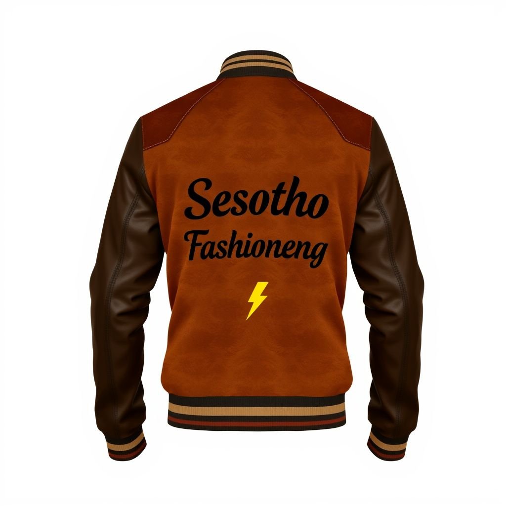 mockup design, Design a trendy varsity jacket featuring luxurious chocolate brown leather sleeves and a rich, velvet biscuit brown body. The back showcases the phrase "Sesotho Fashioneng" in a stylish font, accompanied by an eye-catching logo design of a lightning bolt (⚡️). The overall look combines elegance and modern street style.
