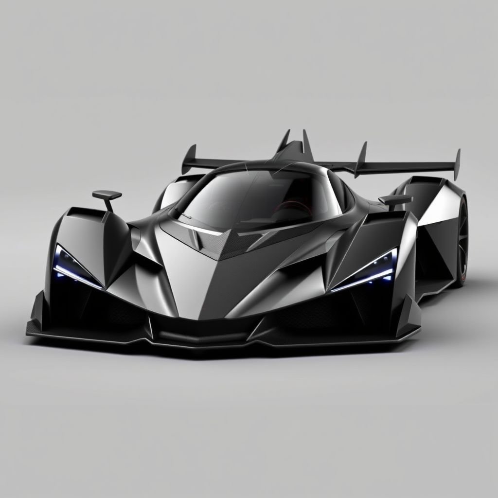 mockup design, Design an ultra-aggressive hypercar that embodies sheer performance. Its aerodynamic, low-slung silhouette features sharp angular lines, a monstrous front splitter, massive air intakes, and razor-thin LED headlights that exude a predatory presence. Crafted predominantly from sleek carbon fiber, it boasts a single-seat cockpit beneath a broad canopy and a striking central fin, culminating in a towering rear wing, all refined for ultimate track supremacy. This machine radiates a warrior-like aesthetic, as if ready to dominate both race circuits and futuristic landscapes.