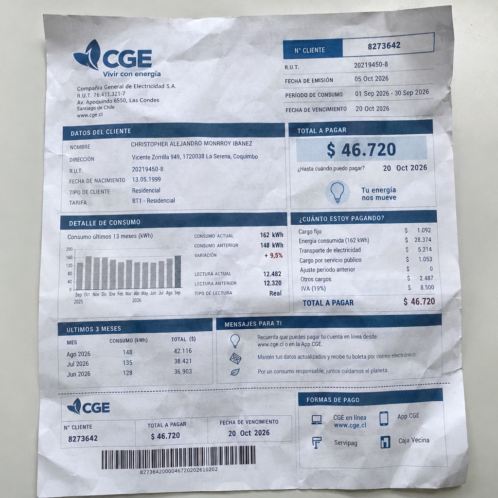 Create a statement, an electricity bill in CHILE. The A4 statement should be realistic, as if it were photographed on a phone. The document should be on a white background. The document must be for the last 3 months of October 2026. The document should contain several transactions and be wrinkled at the edges.
Name CHRISTOPHER ALEJANDRO MONRROY IBANEZ
Address Vicente Zorrilla 949, 1720038 La Serena, Coquimbo
R.U.T. 20219450-8
Date of birth 13.05.1999